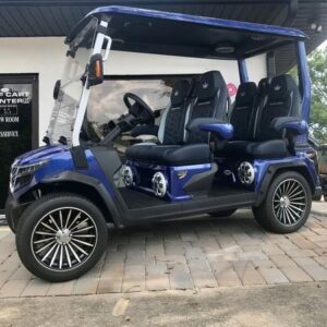 Front view of 2025 Evolution D-Max GT4 Blue electric golf cart available in Florida with export and nationwide delivery options