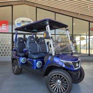Front view of 2025 Evolution D-Max GT4 Blue golf cart available in Illinois with nationwide delivery and export options