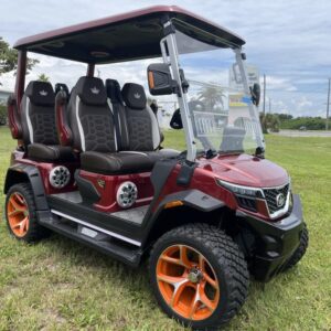 Front view of red 2025 Evolution D-Max XT4 electric golf cart available in Texas with nationwide delivery and export options