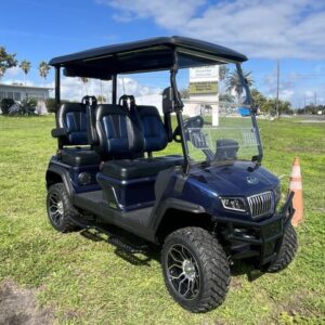 Front angle of 2025 Evolution D5-Maverick 4 blue electric golf cart