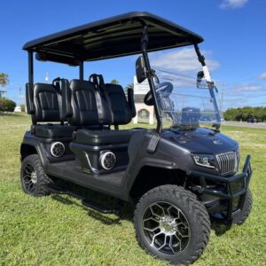 Front angle of 2025 Evolution D5-Maverick 4 Plus black electric golf cart