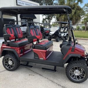 Front angle of 2025 Evolution D5-Maverick 4 red electric golf cart