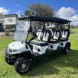 Front angle of 2025 Evolution D5-Maverick 6 Plus Texas White six-seater golf cart