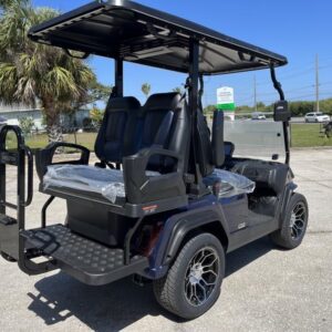 Front view of 2025 Evolution D5-Ranger 2+2 black four-passenger golf cart available in Florida with nationwide delivery