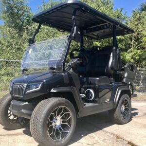 Front view of 2025 Evolution D5-Ranger 2+2 Plus Black four-passenger golf cart available in Ohio, nationwide delivery, and export