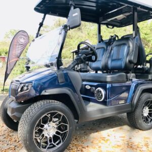 Front view of 2025 Evolution D5-Ranger 2+2 Plus Blue four-passenger golf cart available in California, nationwide delivery, and export