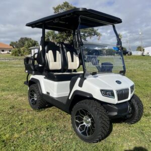 Front view of 2025 Evolution D5-Ranger 2+2 white four-passenger golf cart available in California with nationwide delivery