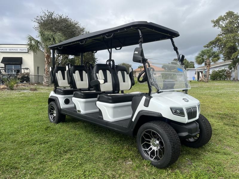 Front view of 2025 Evolution D5-Ranger 6 White six-passenger golf cart available in Michigan with export and nationwide delivery