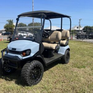 Side view of 2025 E-Z-GO Liberty ELiTE Lithium Ocean Grey in Dallas Texas