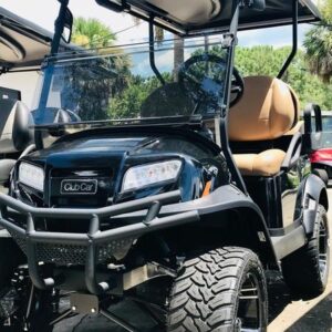 Black 2026 Club Car Onward Lifted 4 Passenger Gas golf cart side view available in Florida with nationwide delivery