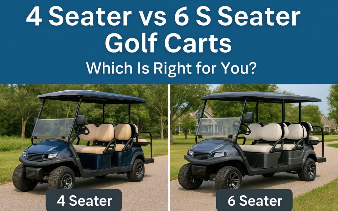 Side-by-side image of a 4 seater golf cart and a 6 seater golf cart with comparison headline in landscape format