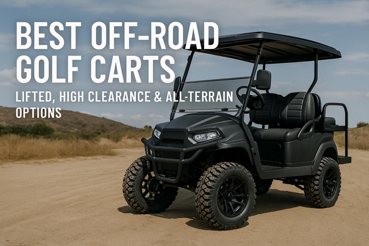 Lifted off-road golf cart with all-terrain tires on rugged dirt terrain featuring 2025 guide headline in landscape format