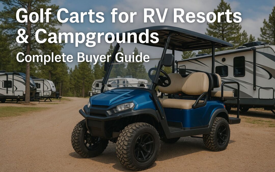 Golf cart parked at a sunny RV resort with palm trees and RVs in the background, featuring 2025 campground buyer guide text in landscape format