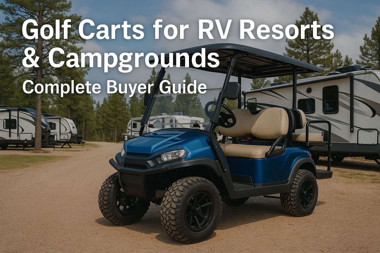 Golf cart parked at a sunny RV resort with palm trees and RVs in the background, featuring 2025 campground buyer guide text in landscape format