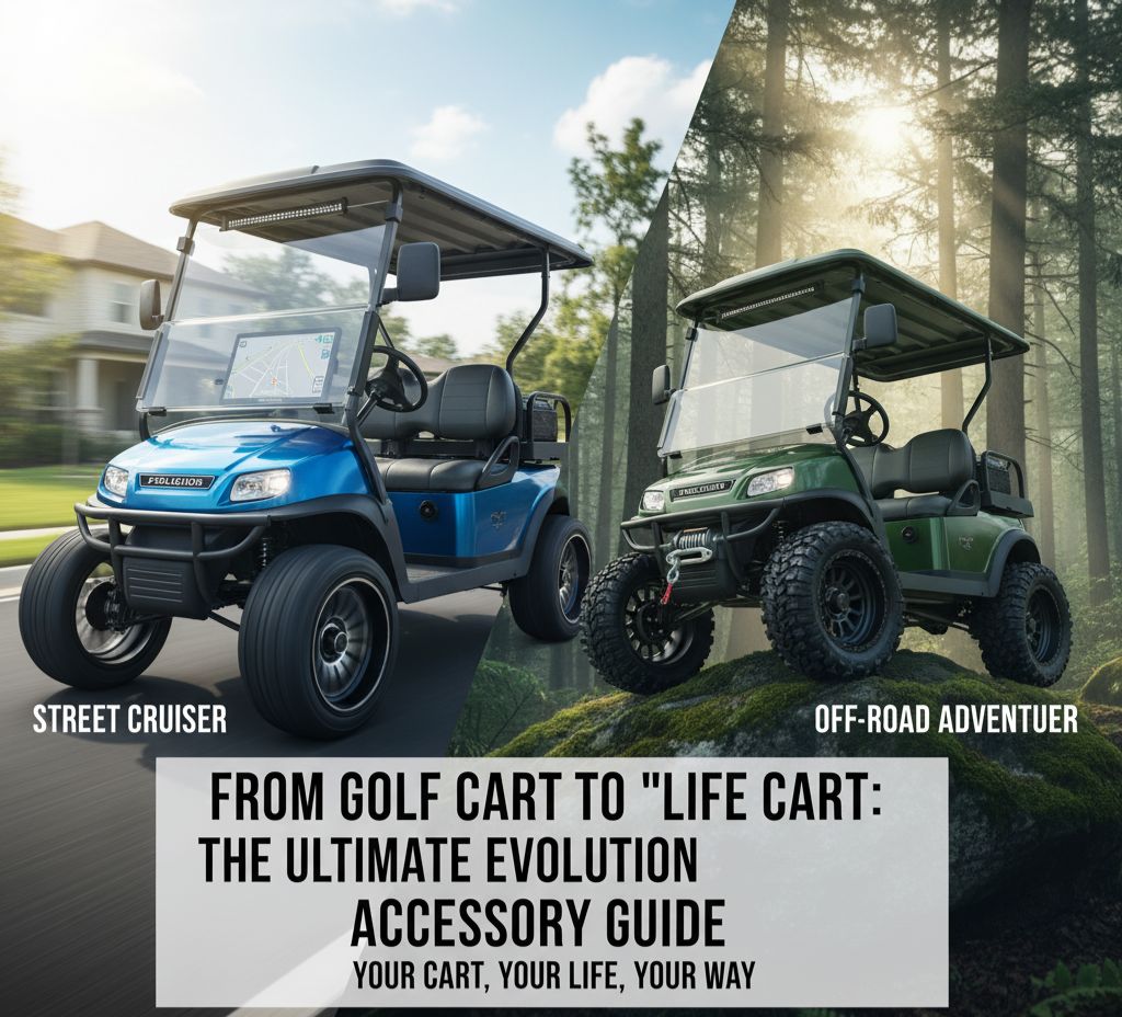 A fully accessorized Evolution golf cart, featuring custom wheels and a premium sound system, showcasing its versatility.