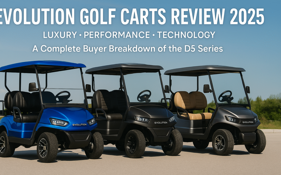 Evolution golf carts review 2025 showing three Evolution D5 models in a premium lineup