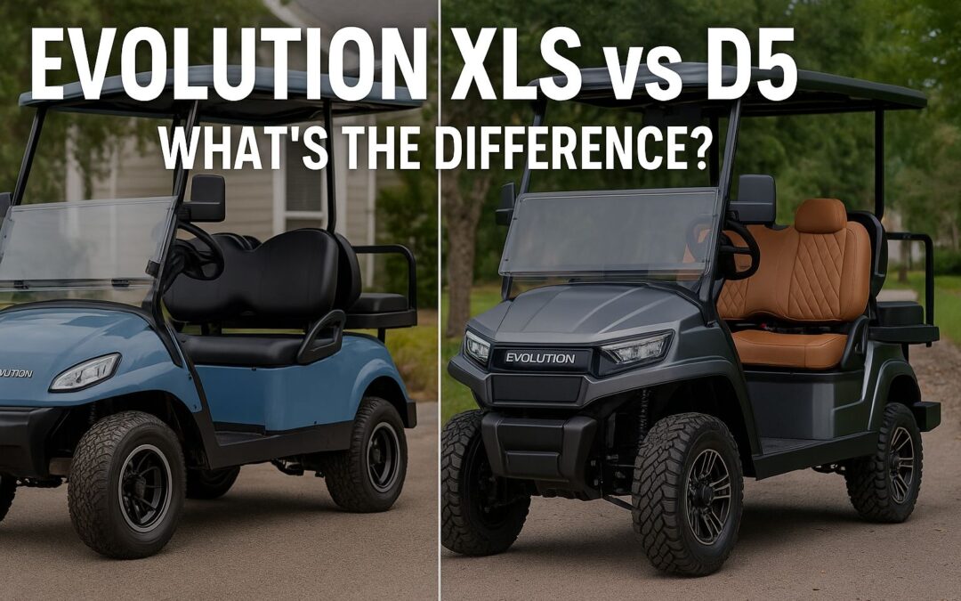 Split-screen comparison of Evolution XLS and Evolution D5 golf carts showing classic vs premium design for the 2025 buyer guide