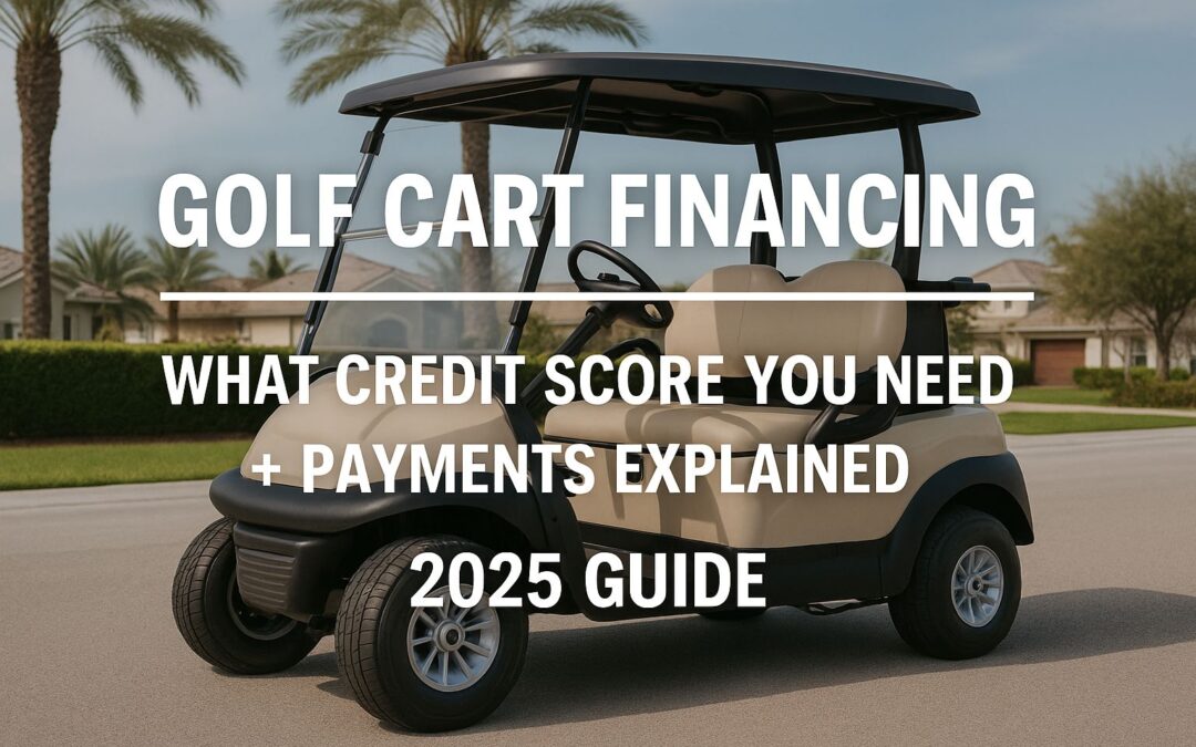 Golf cart parked beside RVs with text overlay showing ‘Golf Cart Financing 2025 – Credit Score & Payments Explained’ in a landscape hero image