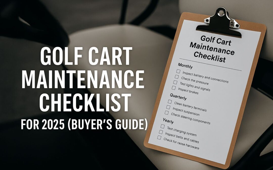 Golf cart parked in a garage with maintenance tools and 2025 service checklist text in a landscape