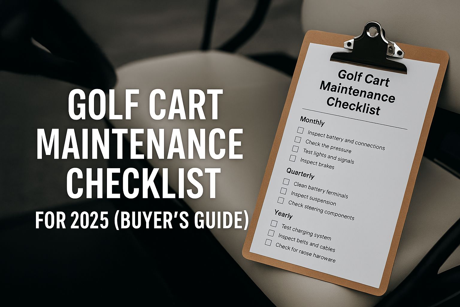Golf cart parked in a garage with maintenance tools and 2025 service checklist text in a landscape