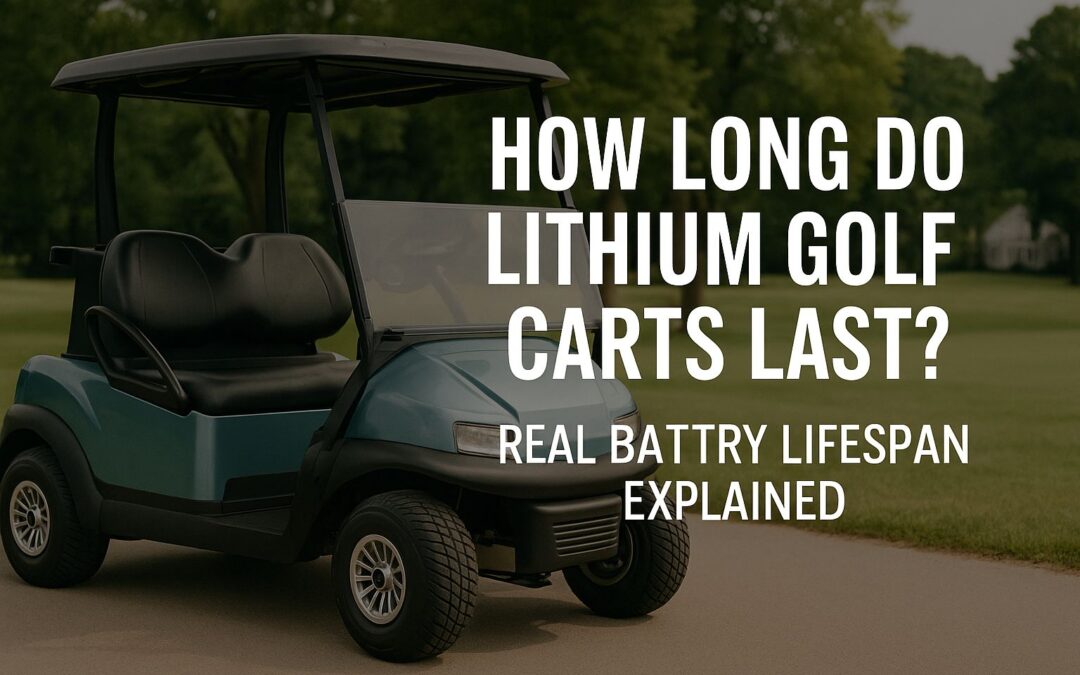 Lithium battery pack inside a golf cart with 2025 battery lifespan guide text in landscape format