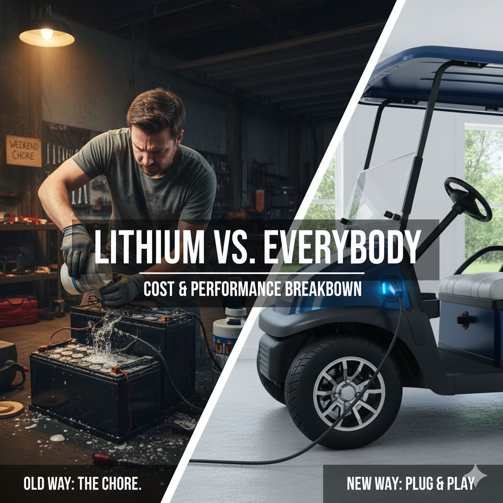 A side-by-side comparison showing a clean, modern lithium golf cart battery next to an old, corroded set of lead-acid batteries, illustrating maintenance and technology differences.