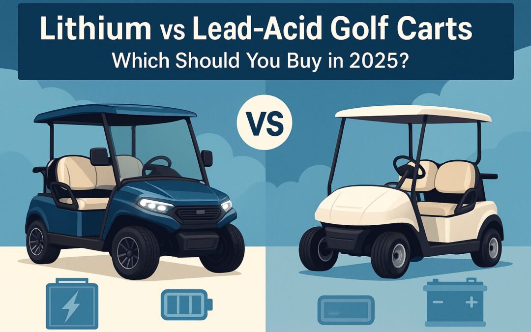 Split-screen comparison showing a lithium golf cart vs a lead-acid golf cart with 2025 buyer guide headline in landscape format