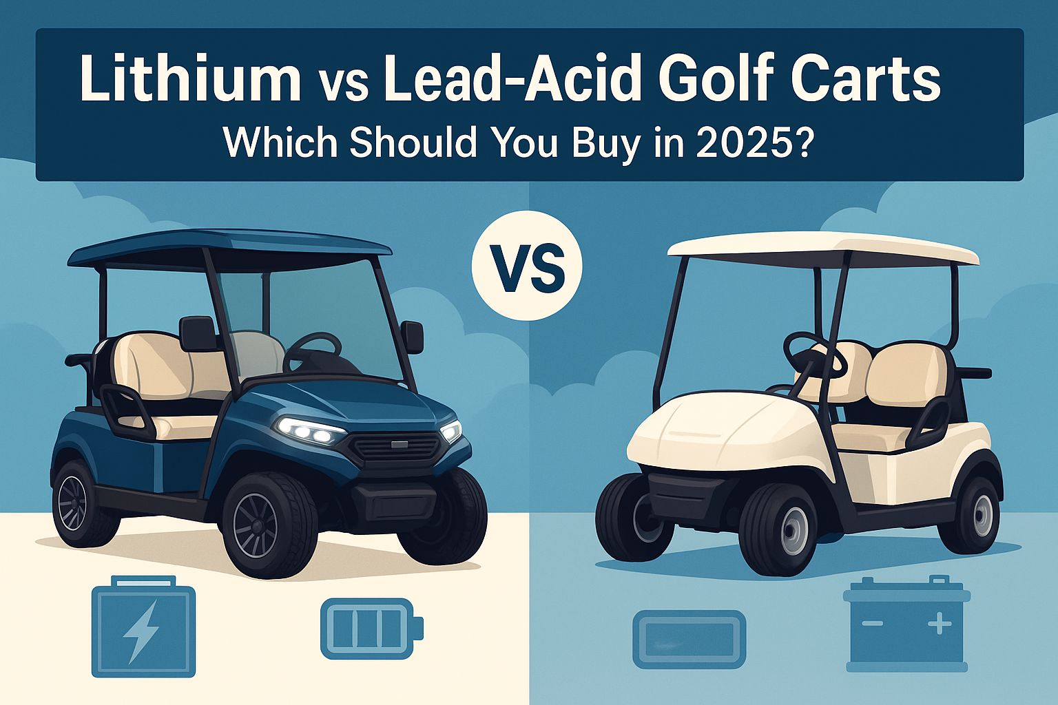 Split-screen comparison showing a lithium golf cart vs a lead-acid golf cart with 2025 buyer guide headline in landscape format