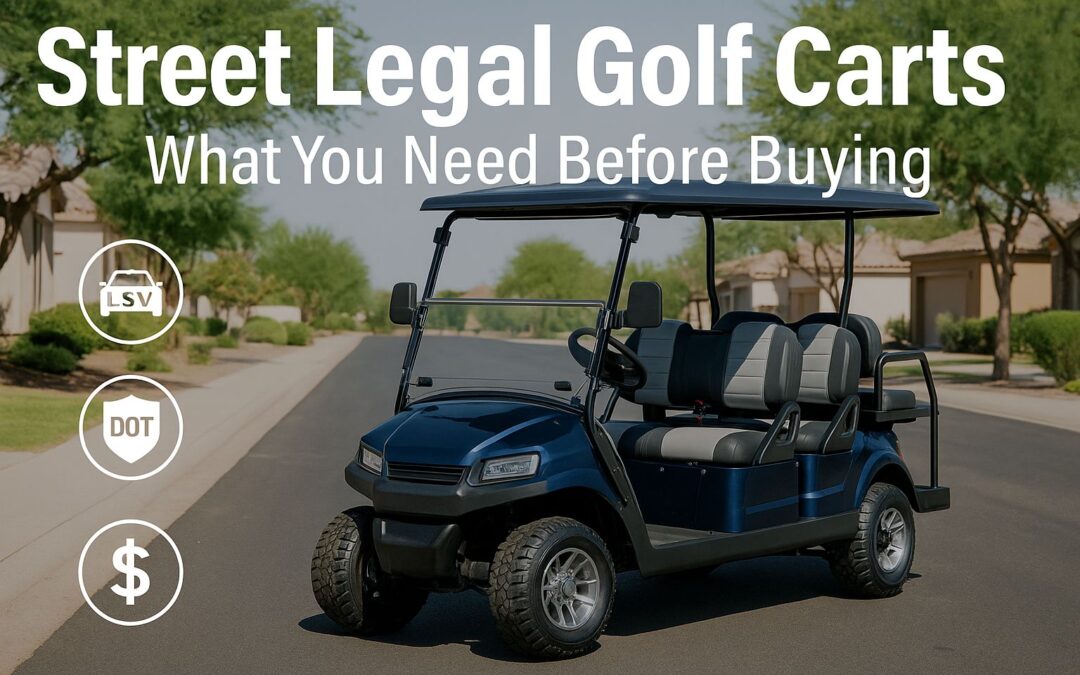Street legal golf cart on a suburban road with LSV and DOT icons displaying the 2025 buying guide headline