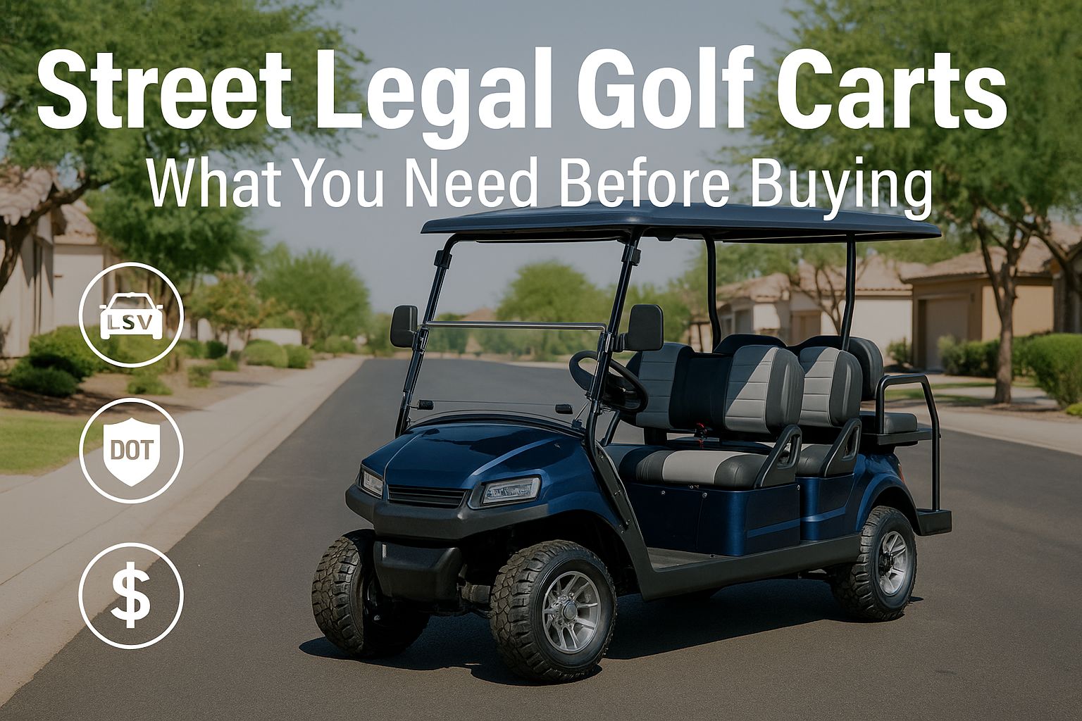 Street legal golf cart on a suburban road with LSV and DOT icons displaying the 2025 buying guide headline