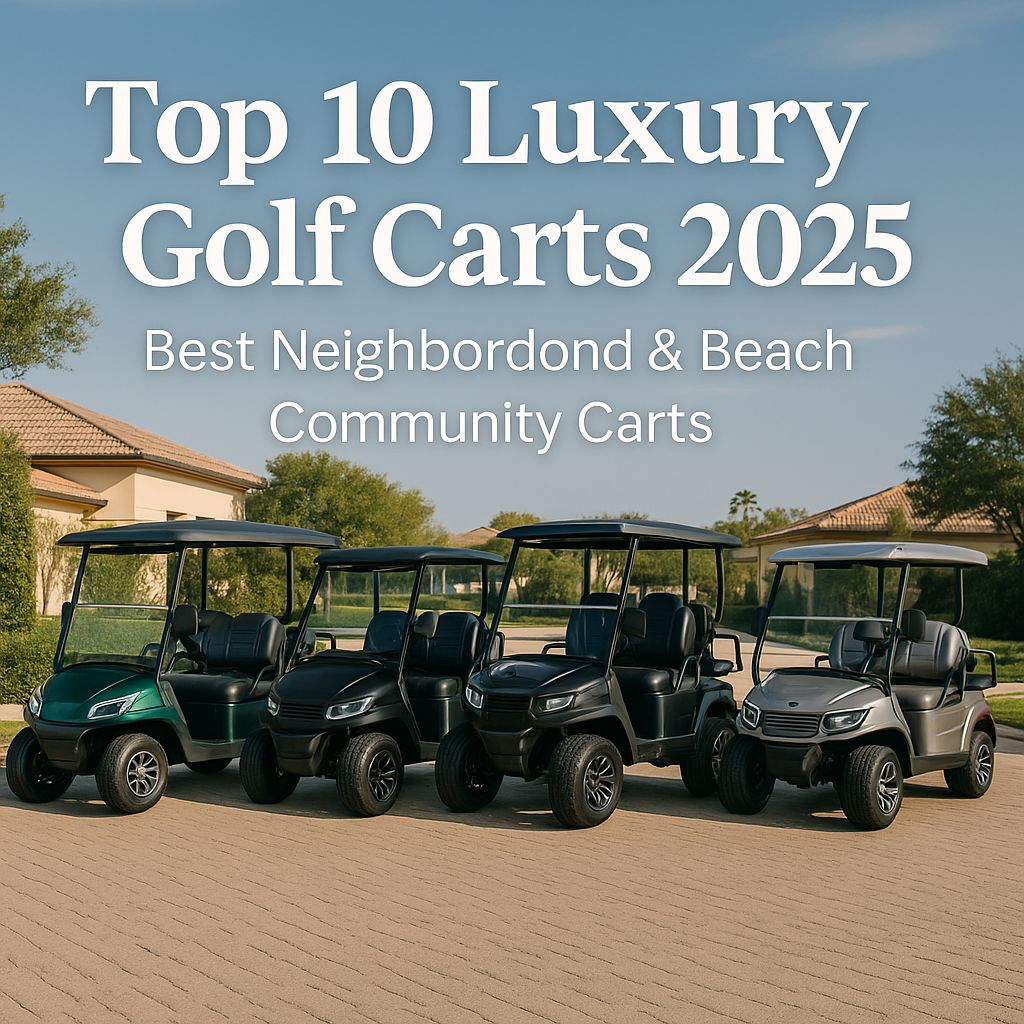 Lineup of luxury golf carts in a beachside community setting with 2025 guide headline in landscape format