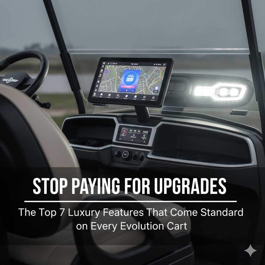 the 2025 Evolution golf cart buyer's guide, showing a split screen of a blue 4x4 cart on a dirt trail and a white street-legal cart on a coastal road.