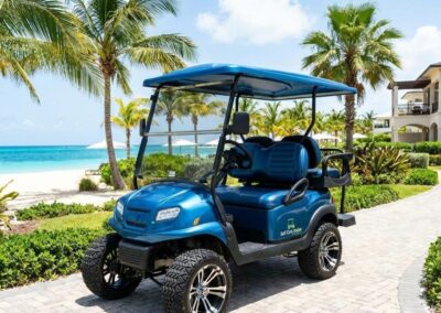 A luxury golf cart delivered to a tropical resort in the Bahamas.