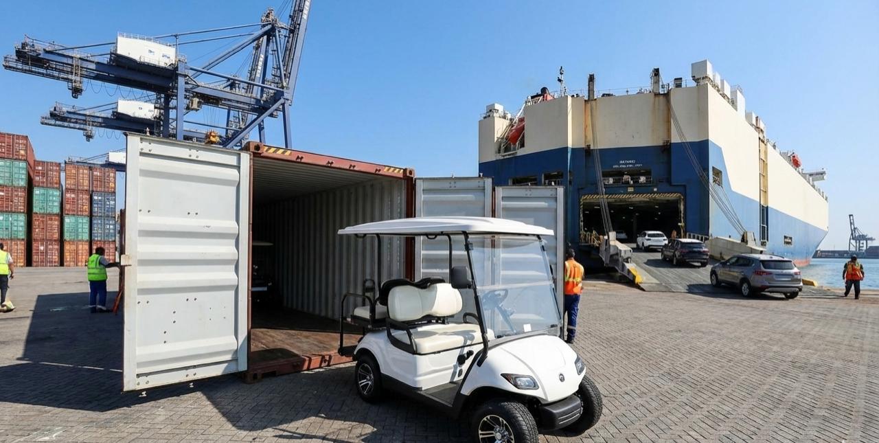 A golf cart next to a shipping container at a port for RoRo export.