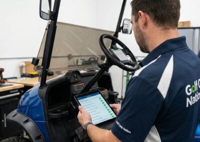 Certified technician performing a 50-point inspection on an electric golf cart.
