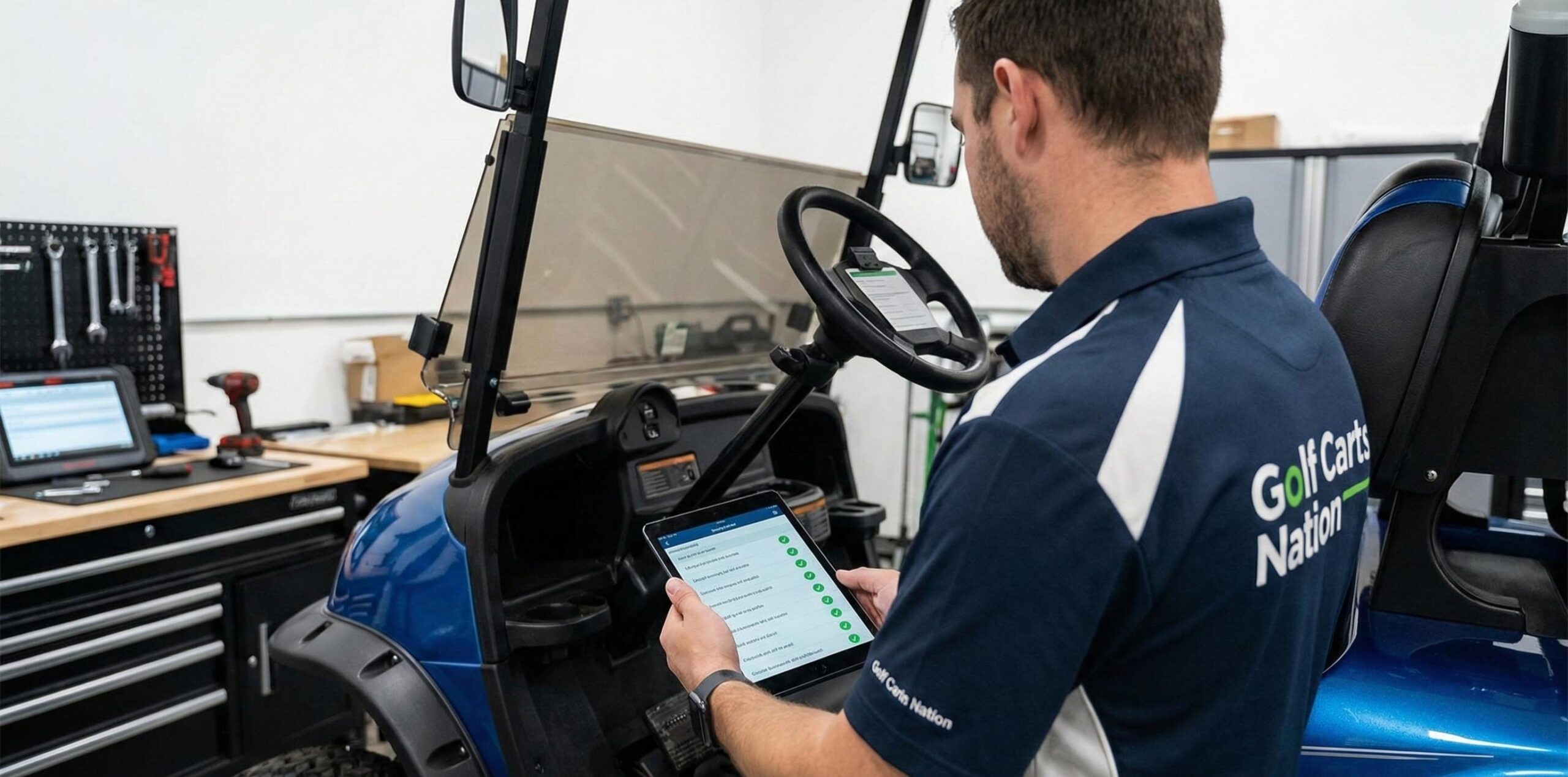 Certified technician performing a 50-point inspection on an electric golf cart.