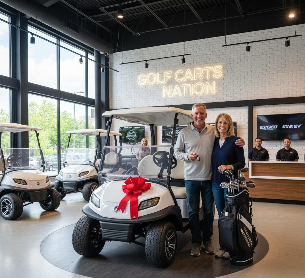 A couple posing with their new EZGO golf cart inside our Brooklyn showroom.
