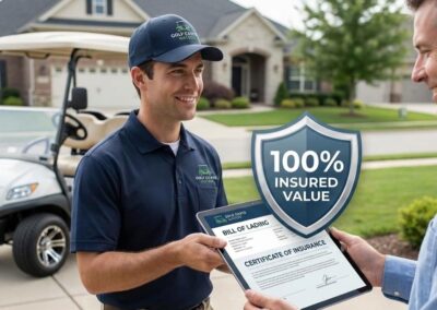 Professional delivery driver handing over a digital bill of lading for an insured golf cart.