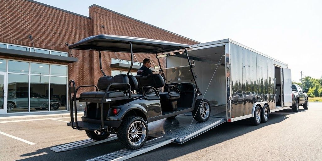 A custom golf cart being loaded into a professional enclosed transport trailer.