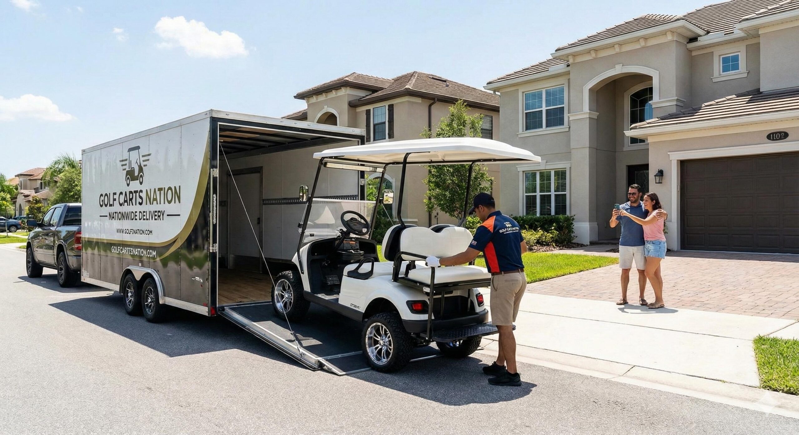 A happy couple receiving their new custom golf cart via nationwide delivery.