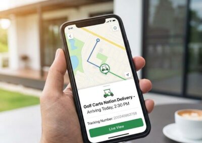 A smartphone screen displaying real-time GPS tracking for a golf cart shipment.