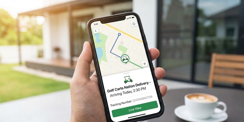 A smartphone screen displaying real-time GPS tracking for a golf cart shipment.