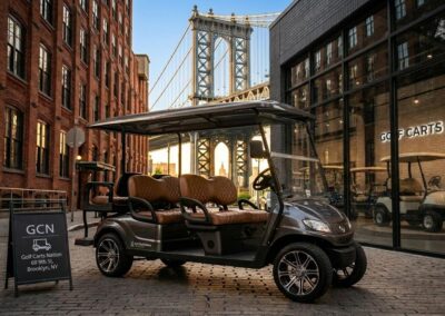A street-legal Evolution golf cart parked on a Brooklyn street near our showroom.