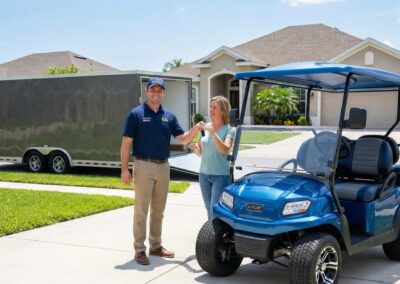 A happy customer receiving the keys to their new golf cart at their home driveway.